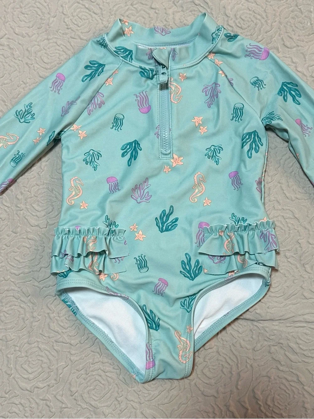 Carter's Aqua Sea Life Long-Sleeve One-Piece Swimsuit with Ruffles